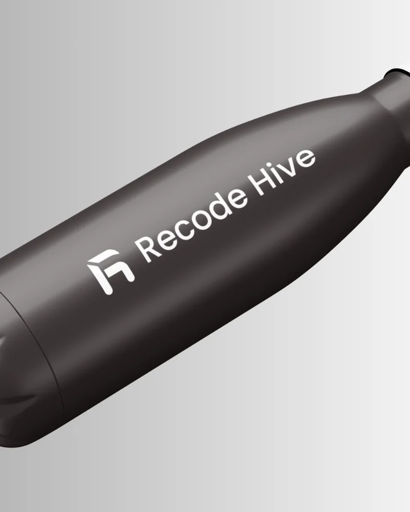 Matte black bottle with a white cap and the recode hive wordmark